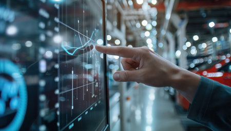 Engineer analyzing data on a digital screen in a modern factoryの素材
