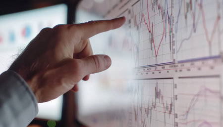 Businessman analyzing graphs and charts on multiple computer screens.の素材