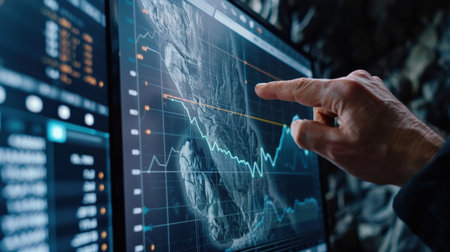Businessman analyzing financial data on computer screen.の素材