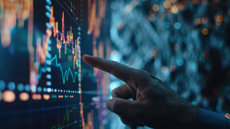 Finger pointing at a digital display of stock market data.の素材