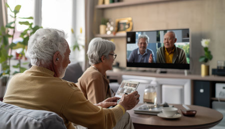 An elderly couple are sitting on the couch and watching TV.の素材