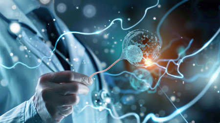 Surgeon performing brain surgery with futuristic technology.の素材