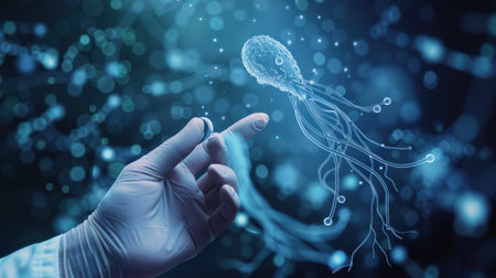 The hand of a person touching a glowing blue jellyfish-like creature.の素材