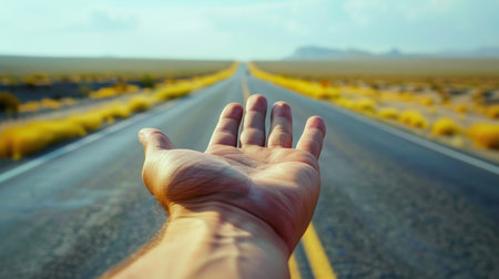 The hand reaching out to the open road symbolizes the possibilities and freedom of the journey ahead.の素材