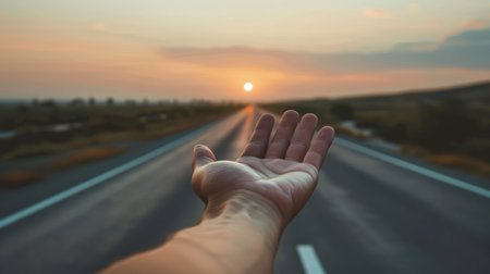 The hand reaching out to the sky while standing on the road at sunsetの素材