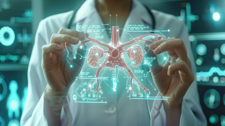 Surgeon doctor examines  lungs scan using futuristic medical technology.の素材