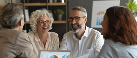 A group of business professionals having a meeting and smilingの素材