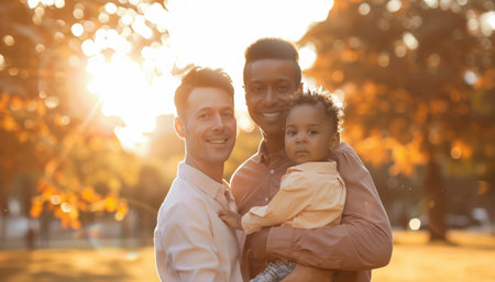 A happy family is walking in the park.の素材