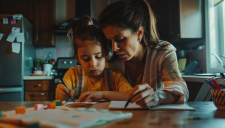 A mother and her daughter are drawing together at the kitchen table. The mother is smiling and looking at her daughter's drawing. The daughter is concentrating on her drawing. They are both wearing casual clothes. The kitchen is messy, with papers and toys strewn around.の素材