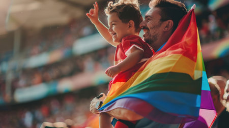 A father and his son are at a Pride parade. The father is holding the son on his shoulders. They are both waving rainbow flags.の素材