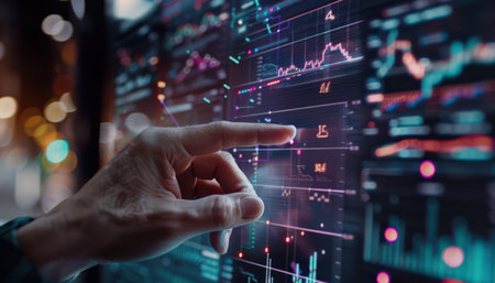 Businessman analyzing financial data on a virtual screen.の素材