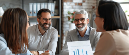 A group of business people are having a meeting in an office. They are looking at a document and smiling.の素材
