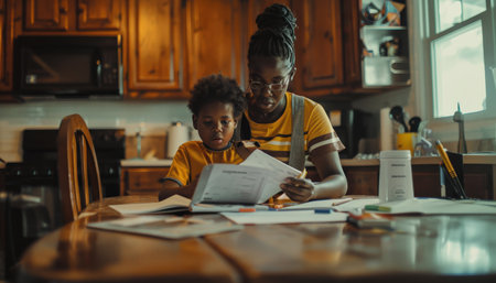 A mother and her son are sitting at the kitchen table looking at paperwork.の素材