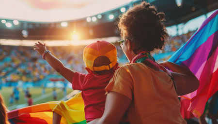 A young boy and his mother are sitting in a stadium, watching a game. They are both wearing colorful clothes and the boy is waving a rainbow flag.の素材