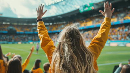 Crowd of people at a sports stadium cheering for their team.の素材