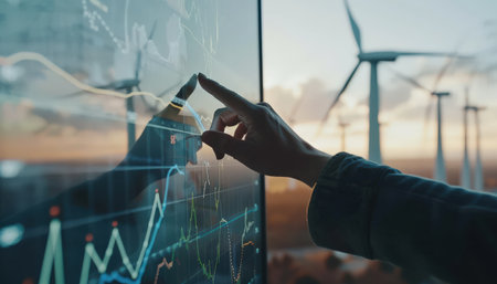 Engineer analyzing data of wind turbines on a digital screen.の素材