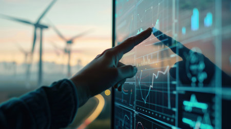 Engineer analyzing data on a digital screen while standing in front of wind turbines.の素材