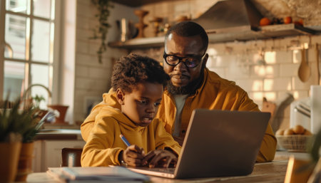 Father and son using laptop together at home.の素材