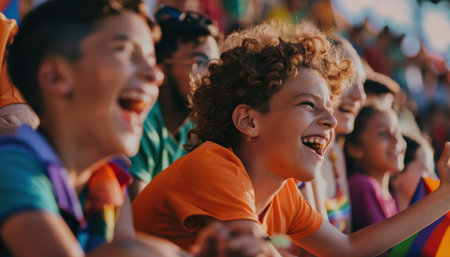 Group of happy children watching the game from the stadiumの素材