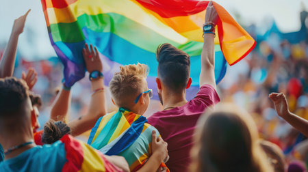 Group of unrecognizable people at a pride event waving a large rainbow flag in support of the LGBTQ+ community.の素材