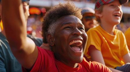 Crowd of diverse spectators cheering and watching a sports gameの素材
