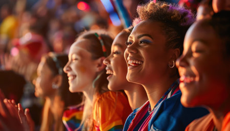 Crowd of diverse young people cheering at a sports eventの素材