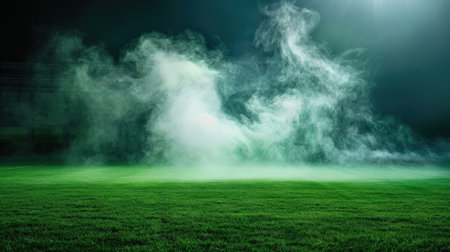 Green field with white fog or smoke on the dark backgroundの素材