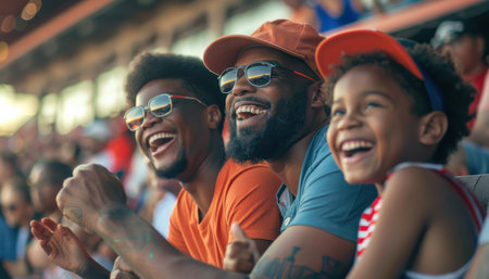 Happy family cheering at a baseball game.の素材