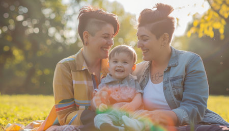 Happy family. Two mothers with their child in the parkの素材