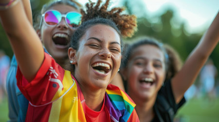 Group of happy friends having fun at a pride parade or festivalの素材