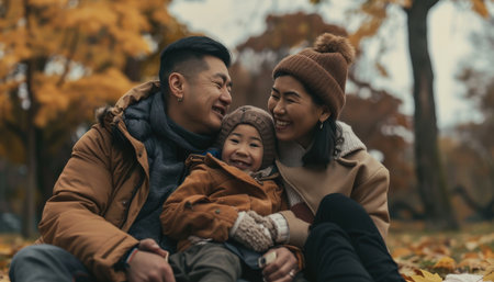 Happy family. Mother, father and son in autumn parkの素材