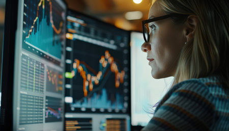 Thoughtful businesswoman analyzing financial data on multiple computer screens.の素材