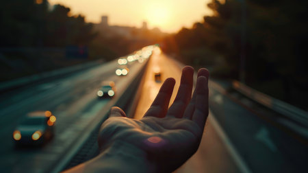 The hand reaching out to the sky while the sun is setting in the background.の素材