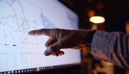 Businessman analyzing graphs and charts on computer screen late at night.の素材