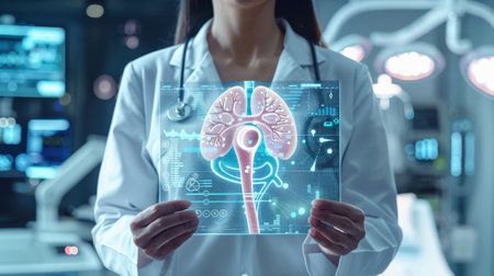 Surgeon examining a 3D scan of a patient's brain.の素材