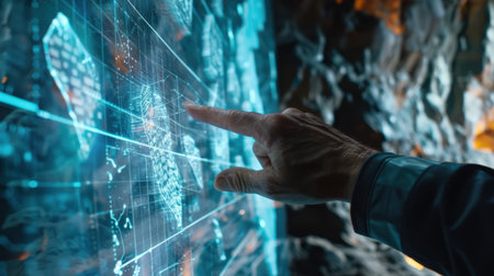 The hand of a person in a spacesuit touching a futuristic screen with a map.の素材