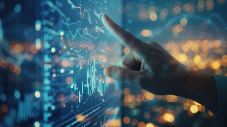 Close-up of a hand pointing at a graph on a computer screen day The background is a windmill farm. 64 k --ar 16:9 Job ID: e9213b98-76a8-469c-8c35-b2ef7bc5f829の素材