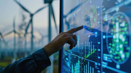 Engineer touching screen with wind turbines in backgroundの素材
