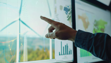 Engineer analyzing data of wind turbine farm on digital screenの素材