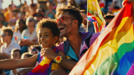 Happy family at gay pride paradeの素材