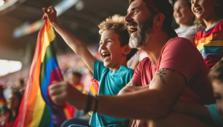 Father and son at a gay pride paradeの素材