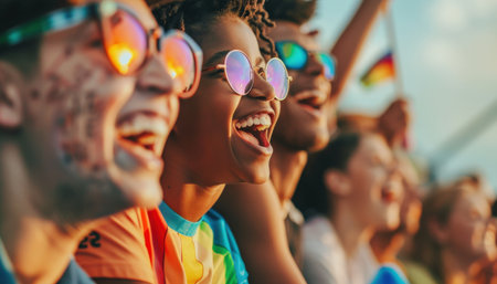 Group of happy friends cheering at a concertの素材