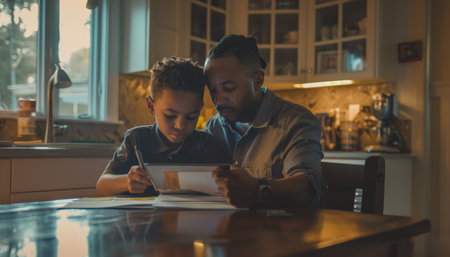 Father and son reading a letter together in the kitchen.の素材