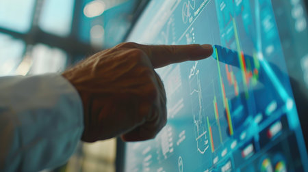 Businessman touching futuristic screen with graphs and data.の素材