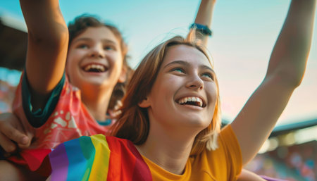 Happy young woman with her child at a pride paradeの素材