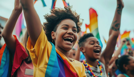 Happy people at a pride parade celebrating diversityの素材