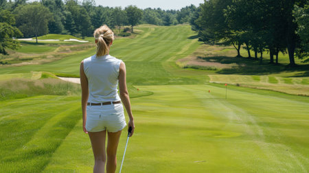 Image of a female golfer on a golf course.の素材