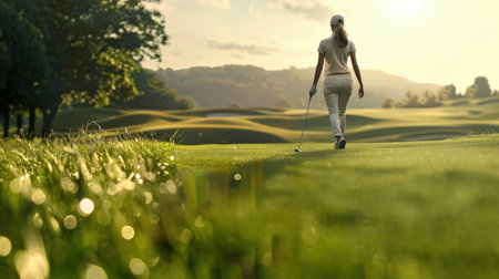 The image shows a female golfer walking down the fairway on a golf course.の素材