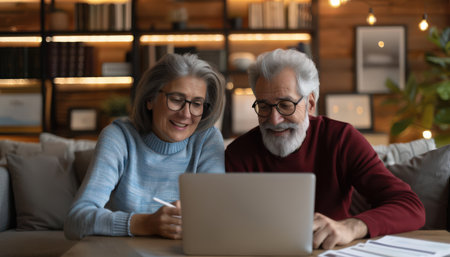 Happy senior couple using laptop, browsing internet, shopping online, paying bills, watching movie, having video call, enjoying retirement at home. Elderly people and modern technology concept.の素材