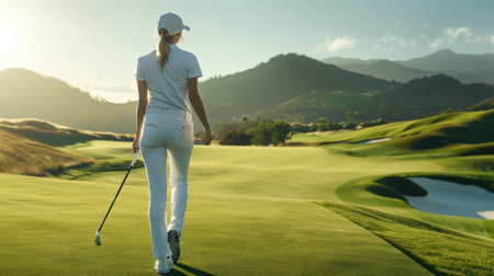 The photo shows a female golfer walking down the fairway of a golf course. She is wearing a white collared shirt and khaki pants. The sun is shining and the sky is clear. The golf course is green and lush.の素材